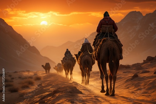 camel trekking in Africa at sunset. generative ai