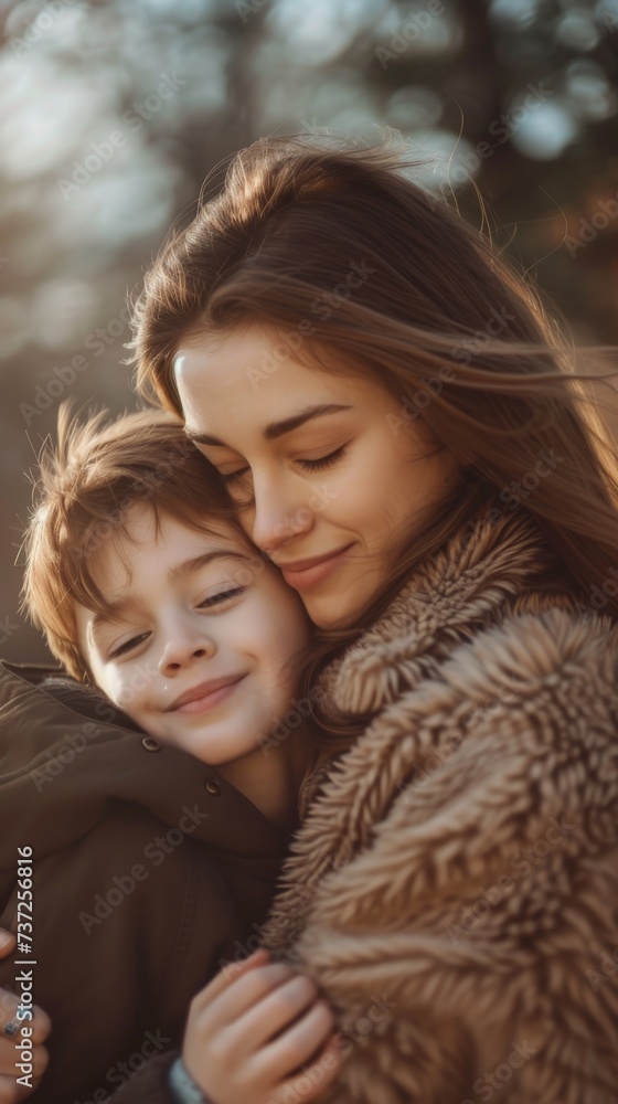 Warm autumn embrace of mother and son outdoors. Tender bond between mother and child captured in natural light. Warm autumn embrace of mother and son outdoors. Tender bond between mother and child captured in natural light.