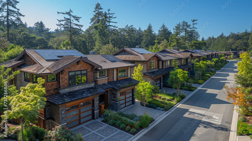 Suburban Homes with Rooftop Solar Panels. Aerial view of residential neighborhood showcasing houses equipped with solar panels, symbolizing sustainable living. Suburban Homes with Rooftop Solar Panels. Aerial view of residential neighborhood showcasing houses equipped with solar panels, symbolizing sustainable living.