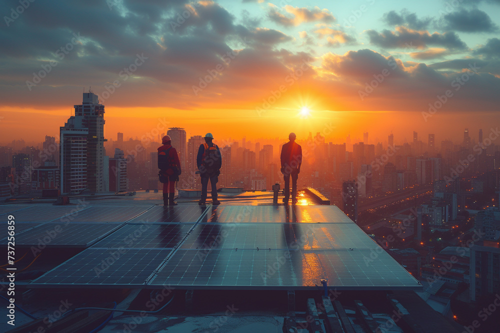 Technicians Maintaining Solar Panels on Skyscraper. Maintenance crew in safety harnesses working on large solar panel installation atop a city skyscraper, with urban backdrop.