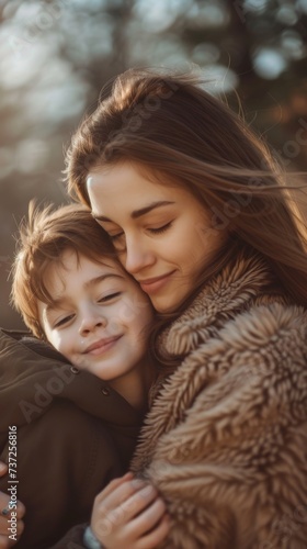 Warm autumn embrace of mother and son outdoors. Tender bond between mother and child captured in natural light. © Irina.Pl