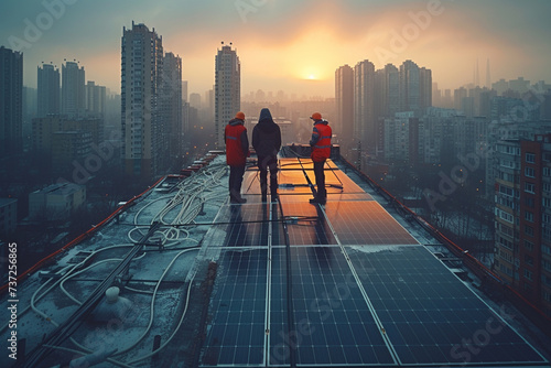 Technicians Maintaining Solar Panels on Skyscraper. Maintenance crew in safety harnesses working on large solar panel installation atop a city skyscraper, with urban backdrop.