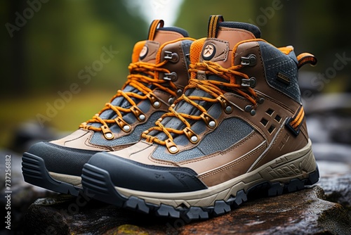 product photo of hiking boots in nature. generative ai