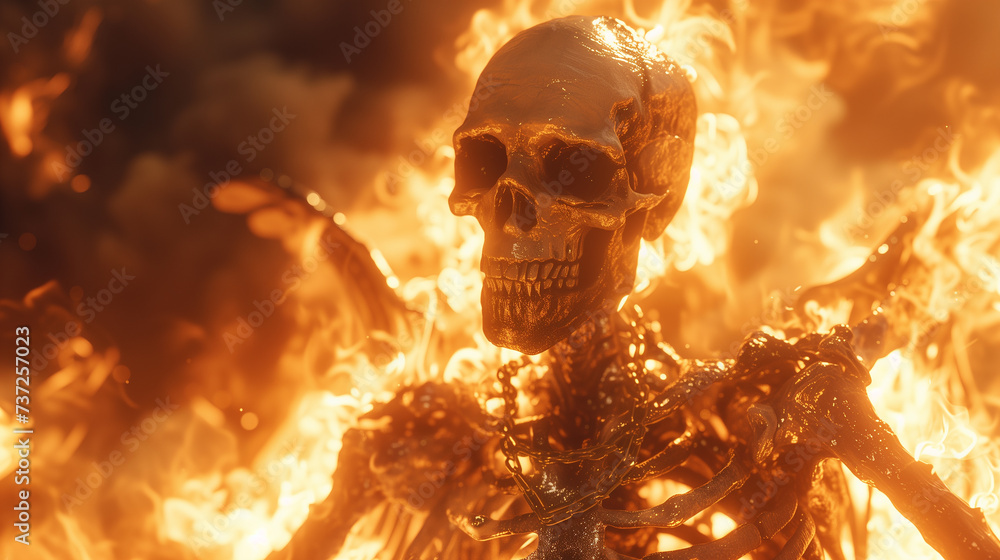 Skeleton with wrapped chains burning flame background - obrazy, fototapety, plakaty 