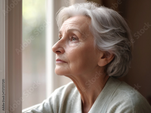 gazing away through the window, the elderly woman's face shows a thoughtful and pondering demeanor