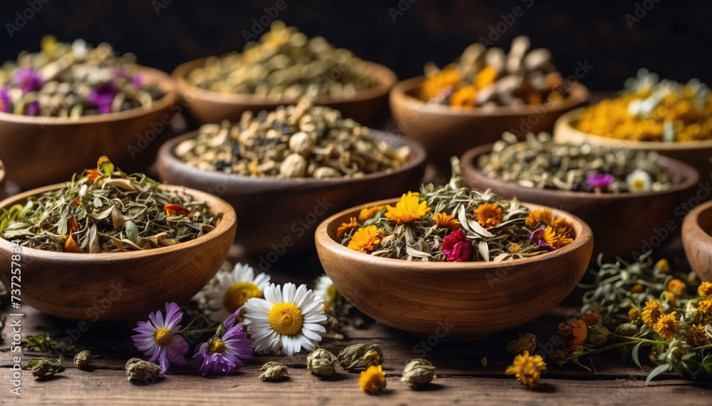 Assortment of dry tea in wooden bowls. AI generated Assortment of dry tea in wooden bowls. AI generated