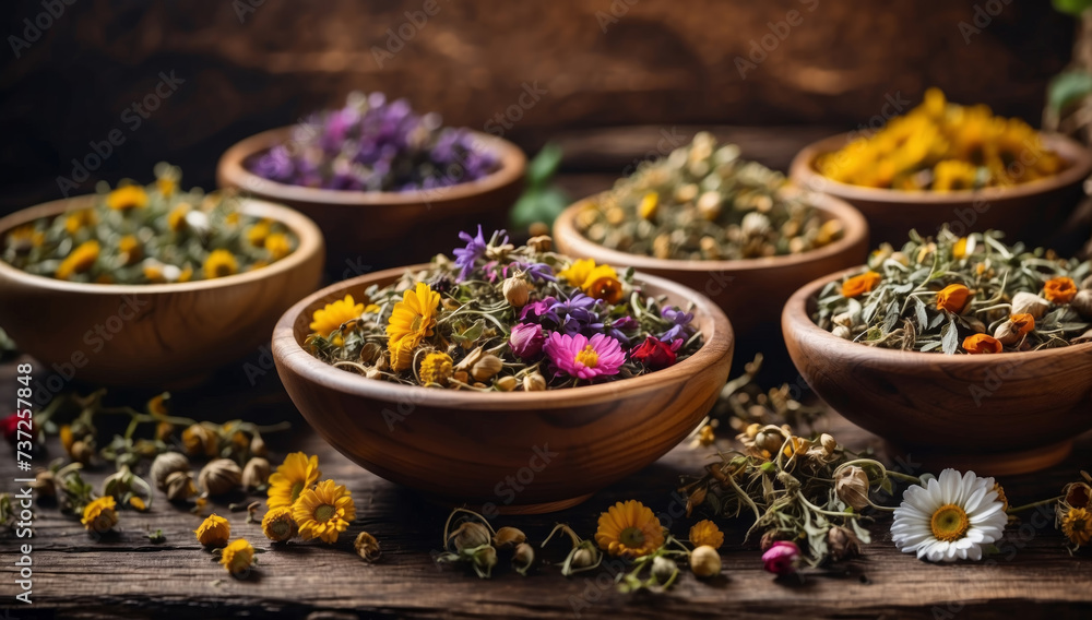 Assortment of dry tea in wooden bowls. AI generated Assortment of dry tea in wooden bowls. AI generated