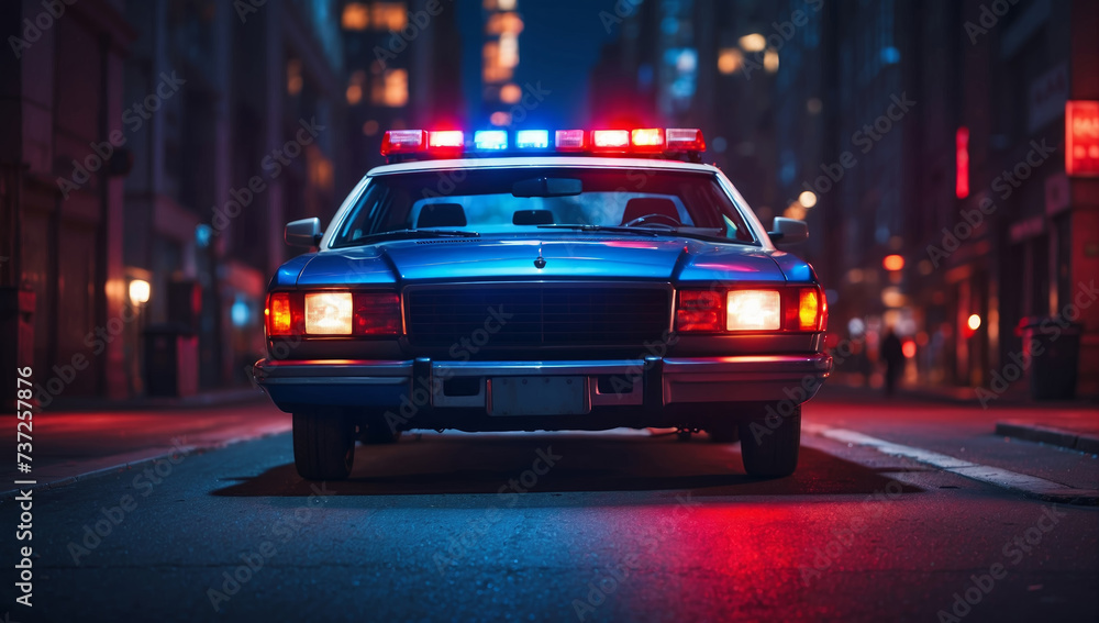 Blue and red light flasher atop of a police car. AI generated