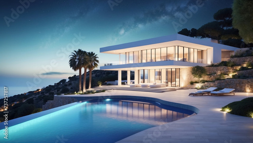 Contemporary designed villa with pool. AI generated