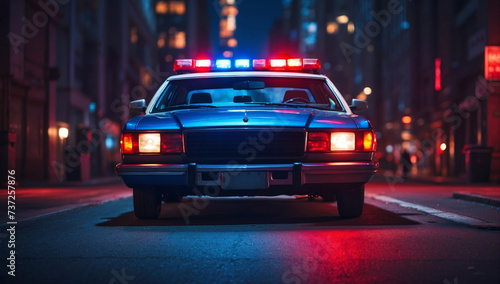 Blue and red light flasher atop of a police car. AI generated photo