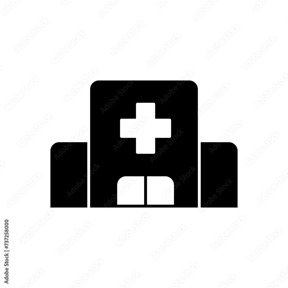 Hospital building icon. Simple solid style. Clinic center, health care, medical concept. Black silhouette, glyph symbol. Vector illustration isolated. Hospital building icon. Simple solid style. Clinic center, health care, medical concept. Black silhouette, glyph symbol. Vector illustration isolated.
