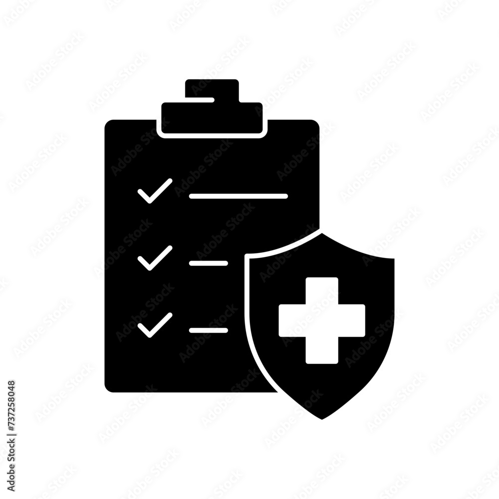 Hospital diagnostic document icon. Simple solid style. Clipboard with shield, health diagnosis, insurance, medical, healthcare concept. Black silhouette, glyph symbol. Vector illustration isolated. Hospital diagnostic document icon. Simple solid style. Clipboard with shield, health diagnosis, insurance, medical, healthcare concept. Black silhouette, glyph symbol. Vector illustration isolated.