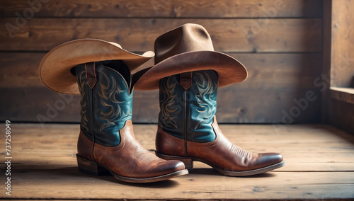 Wild West retro cowboy hat and pair of old leather boots. AI generated photo