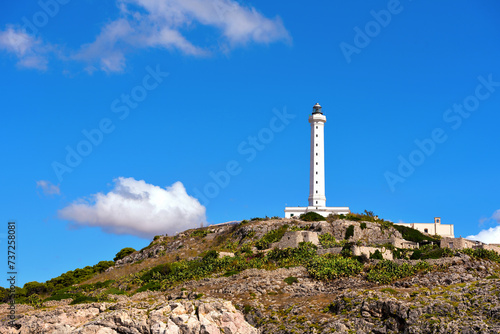 Punta Meliso and the lighthouse of Santa Maria di Leuca built in 1864, 47 meters high, the second tallest in Europe Italy © maudanros