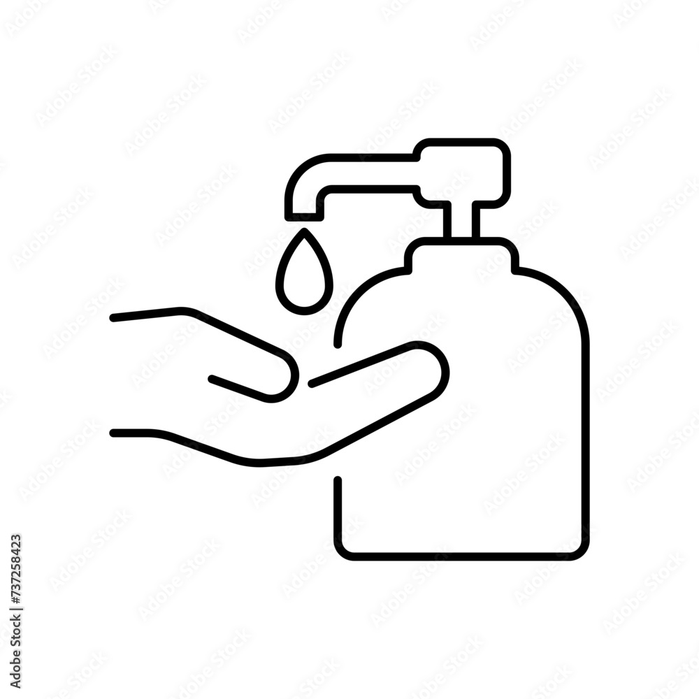 Liquid hand soap icon. Simple outline style. Hand washing, gel, disinfect, antibacterial, bottle, dispenser, clean concept. Thin line symbol. Vector illustration isolated. Liquid hand soap icon. Simple outline style. Hand washing, gel, disinfect, antibacterial, bottle, dispenser, clean concept. Thin line symbol. Vector illustration isolated.