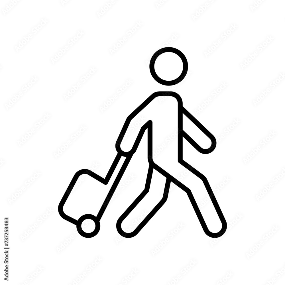 Traveler man icon. Simple outline style. Passenger pulling rolling bag, business trip, vacation, tourism concept. Thin line symbol. Vector illustration isolated. Traveler man icon. Simple outline style. Passenger pulling rolling bag, business trip, vacation, tourism concept. Thin line symbol. Vector illustration isolated.