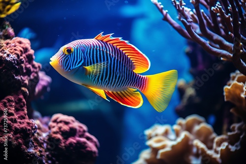 A close-up of colorful fish in a coral reef