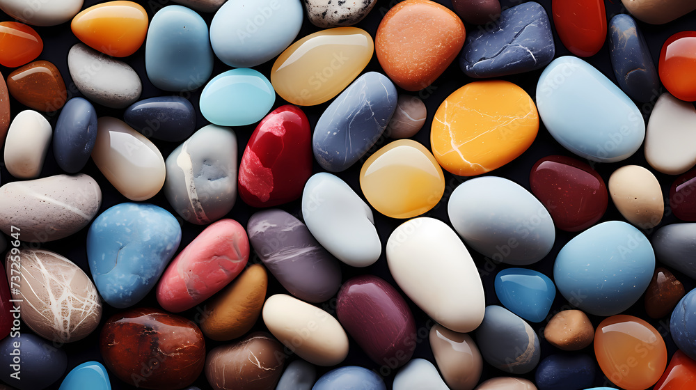 Close-up of colorful polished pebbles, close-up of stone Close-up of colorful polished pebbles, close-up of stone