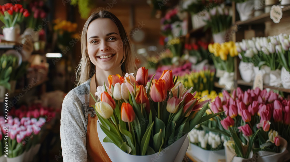 Smiling Woman Florist With A Bouquet of Tulips In Her Hands Inside Her Flower Store. Spring Flower Sale