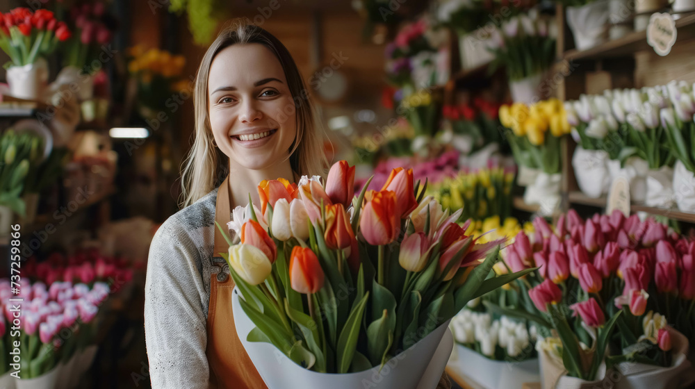 Smiling Woman Florist With A Bouquet of Tulips In Her Hands Inside Her Flower Store. Spring Flower Sale Smiling Woman Florist With A Bouquet of Tulips In Her Hands Inside Her Flower Store. Spring Flower Sale