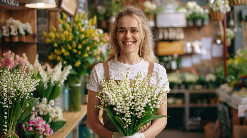 Smiling Woman Florist With A Bouquet of Lily Of The Valley In Her Hands Inside Her Flower Store. Spring Flower Sale