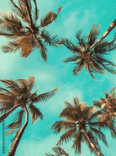 Palm trees under a clear blue sky  bottom-up image shows palm trees and sky in a summer atmosphere. Travel  summer  vacation