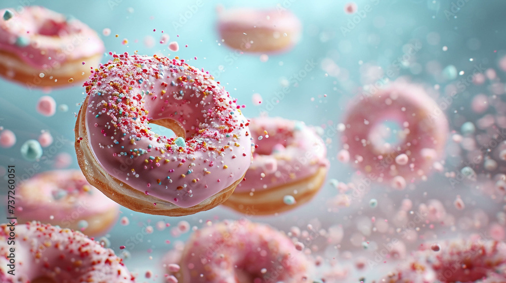 A cascade of flying donuts each a burst of color encircles a clear sky of copy space for culinary creativity