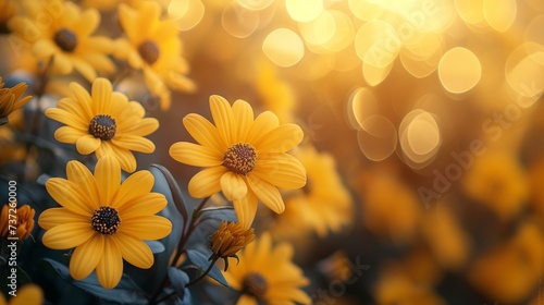 Yellow summer floral banner with bokeh copy space for text. Floral background with soft selective focus. Generative AI.