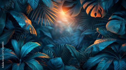 Neon green tropical leaves banner with bokeh copy space for text in the middle. Botany background with green leaves and sunrays with soft selective focus. Generative AI.