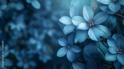 Blue spring floral banner for 8 march, mother's day with bokeh copy space for text. Floral background with soft selective focus. Generative AI.