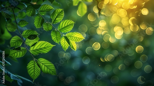 Green nature banner for 8 march, mother's day with bokeh copy space for text. Botany background with branch of green leaves with soft selective focus. Generative AI.