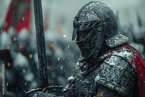 Depict a tense moment where two knights in full armor engage in a one-on-one duel in the midst of a chaotic battlefield Their swords clash with sparks flying each move photo