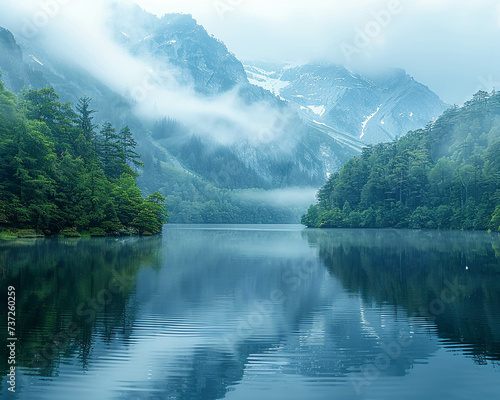Natures tranquility serene lake at dawn with mist rising untouched beauty