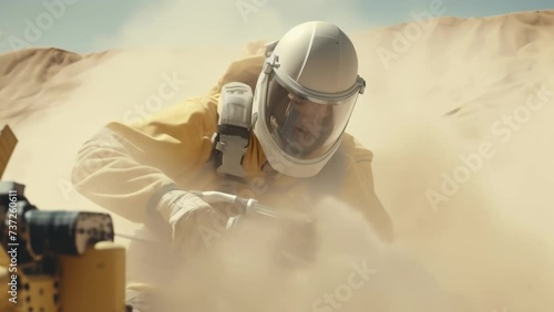 Crisp and clear a skillful shot of a sandblaster during their busiest moments photo