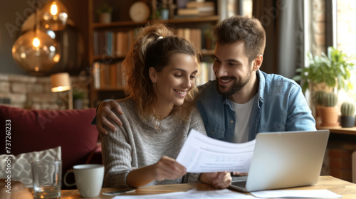 Happy young couple use laptop planning with bills and paying bill, credit card, finance, money, business and online banking, financial managing budget and accounting concept