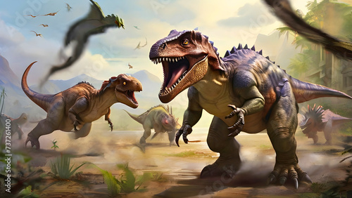 Dinosaurs from the Jurassic age, how they fearlessly fight for survival by strictly denying the food chain. © RaeLi