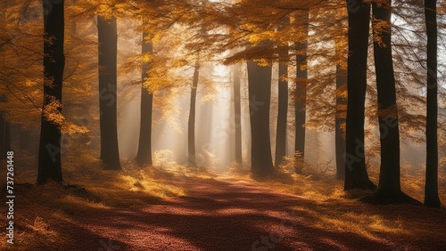 autumn forest in the fog path through the woods with the sun shining through the trees 