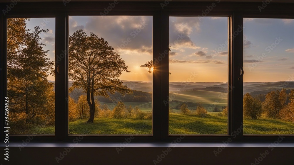 Fototapeta premium sunset in the city a window with a view of the mountains at dusk 