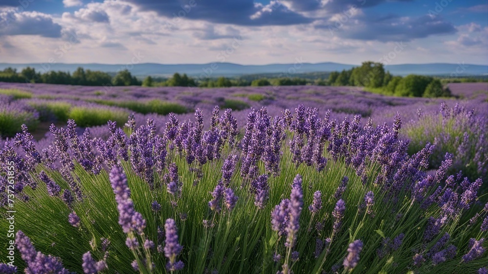 lavender field region a panoramic banner with purple lavender flowers and green grass on a blurred blue sky background   