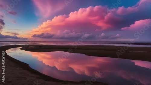 sunset over the river A rainbow sunset on blue pink sky yellow clouds skyline, water sea reflection beautiful landscape 
