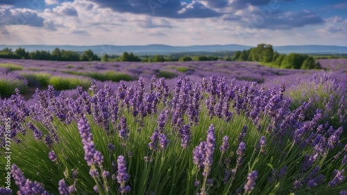 lavender field region a panoramic banner with purple lavender flowers and green grass on a blurred blue sky background 