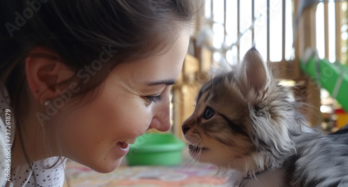 A Tender Gaze Between Woman and Kitten  moment woman and her cat lock eyes in silent conversation filled with affection and understanding  animal companionship  love  pet care  comfort of home life