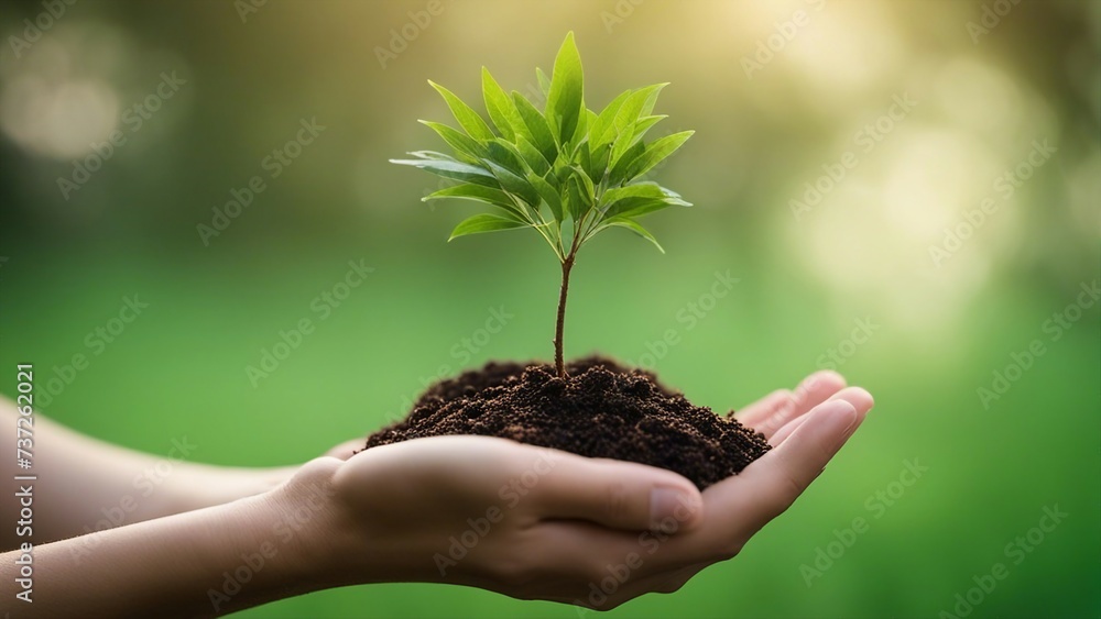 hands holding a plant A female hand holding a small tree on a green background. The hand is gentle and caring, hands holding a plant A female hand holding a small tree on a green background. The hand is gentle and caring,