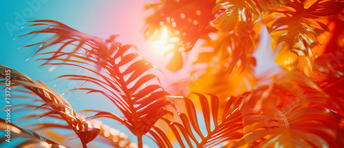 Sunset in the jungle, tropical leaves silhouetted against a vibrant sky, capturing the surreal beauty of nature