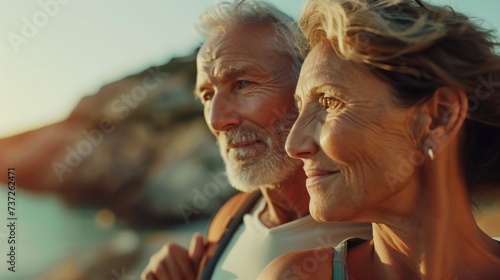 Close up photo of happy senior couple in love near the sea or ocean coast at sunset or sunrise wearing causal clothes happy aging together at retirement photo