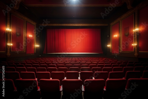 Movie theater interior with rows of empty seats