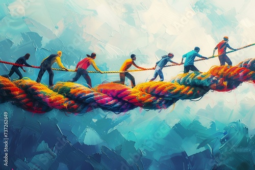 Witness the power of teamwork and partnership as diverse individuals unite to form a strong bond symbolized by a colorful braid of intertwined ropes photo