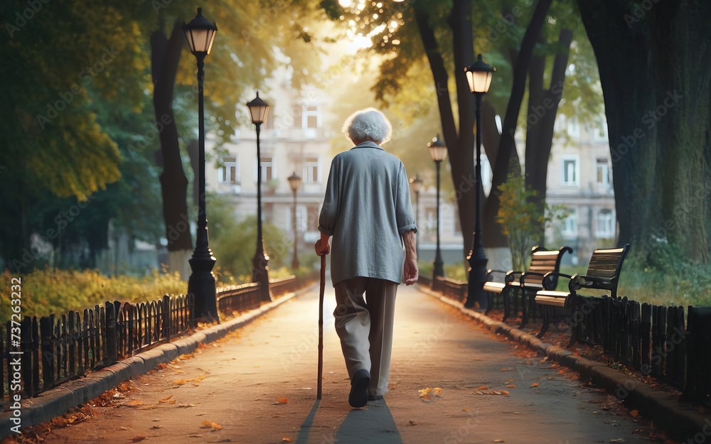 An elderly woman is walking down a sidewalk in a park. She is holding a cane and her back is turned to the camera. The sun is setting and there are many trees around her.
