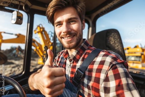 A man in a plaid shirt sits in a tractor, giving a thumbs up.