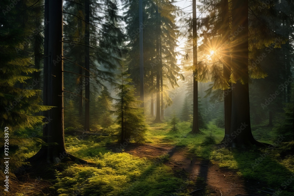 Sunlight streaming into an evergreen glade